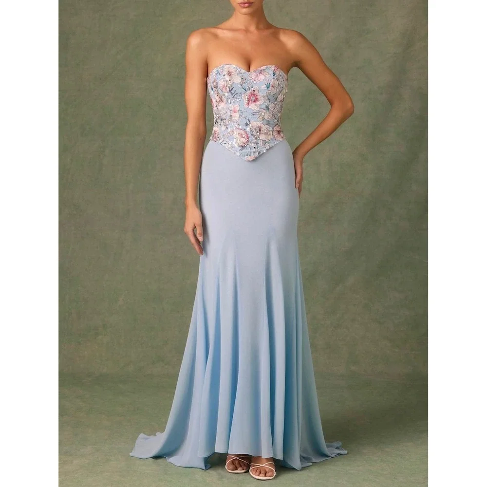 Oh Polly Blue Floral Embroidered Corset Maxi Dress Lace Up Back US 4 New - Picture 1 of 10